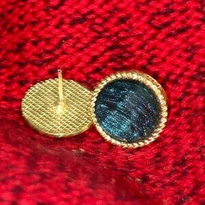 Vintage Gold-Tone Textured Round Button Earrings With Black Center